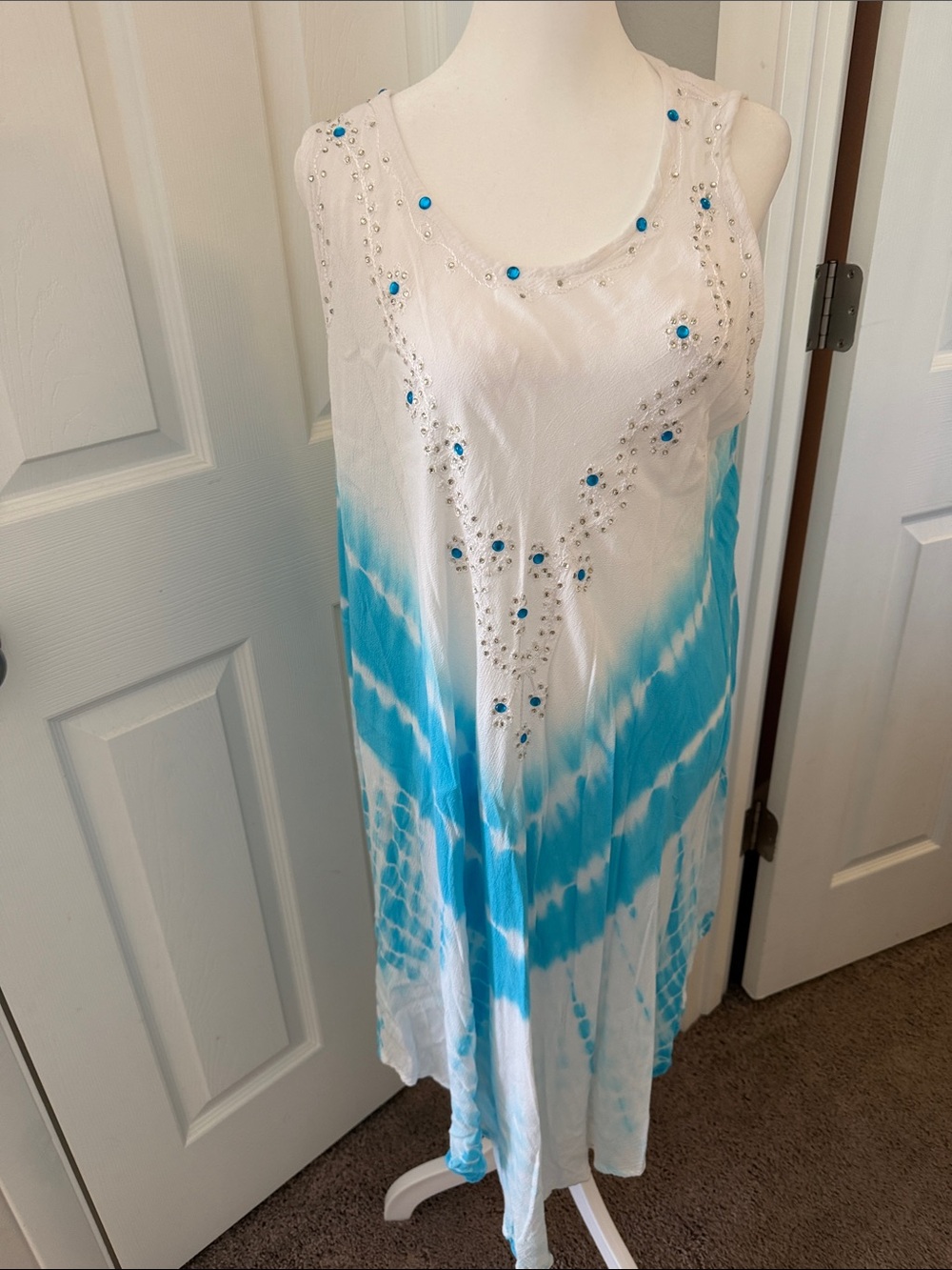 Women's White & Turquoise Tie-Dye Sleeveless Dress with Embellishments